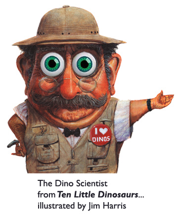 The Dino Scientist from the last page of the wiggly-eyeball picture book, ‘Ten Little Dinosaurs.’  Detailed character illustration in acrylic by Jim Harris.